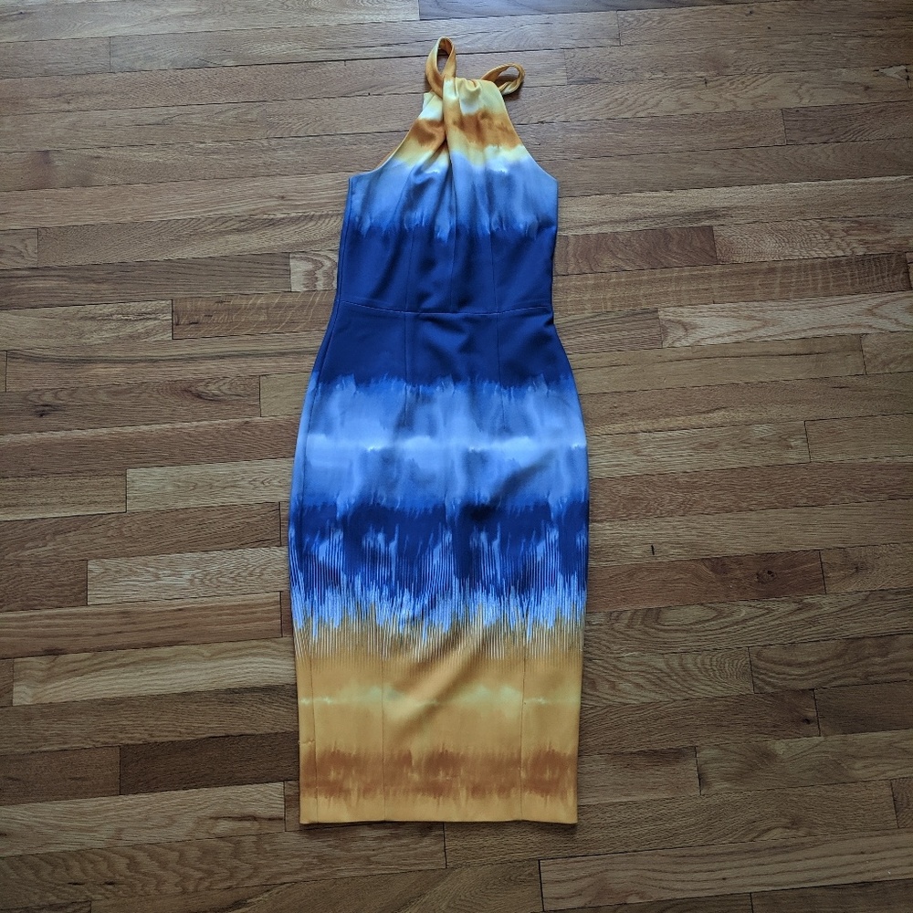 H&M Watercolor  High Neck Halter Midi Blue Dress